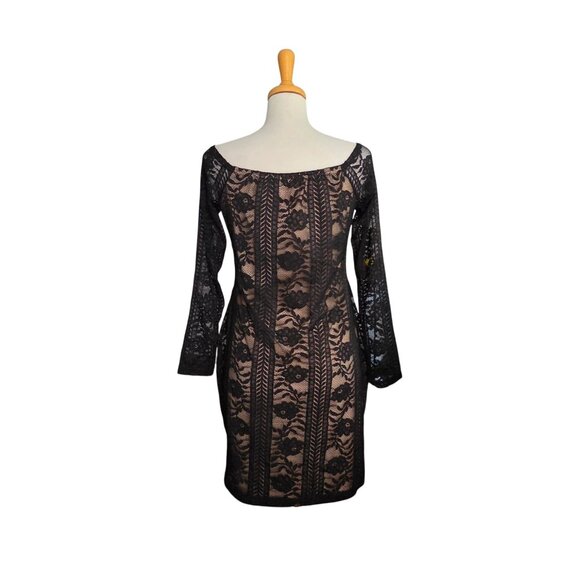 Guess Off Shoulder Floral Lace Bodycon Mini Dress Women's Size L Black - Picture 2 of 10